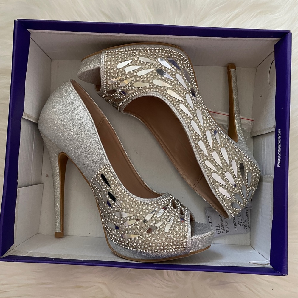 Silver Rhinestone Open Toe Heels - Picture 6 of 6